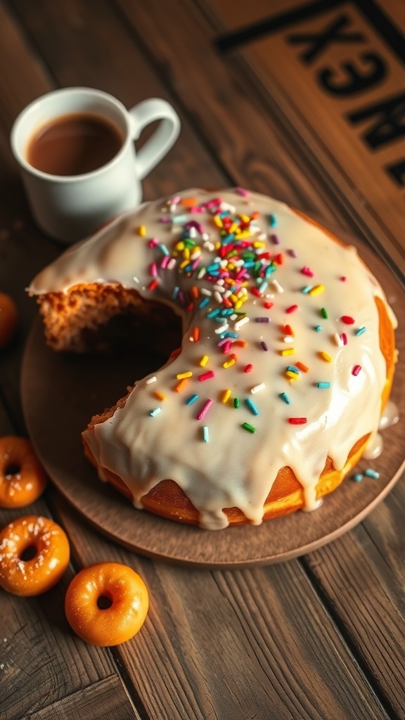 A round donut cake with glaze and sprinkles on a wooden table with coffee.